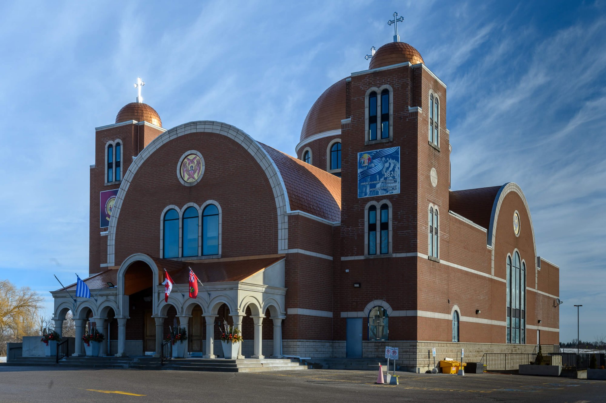 Church exterior angle view with domes and towers