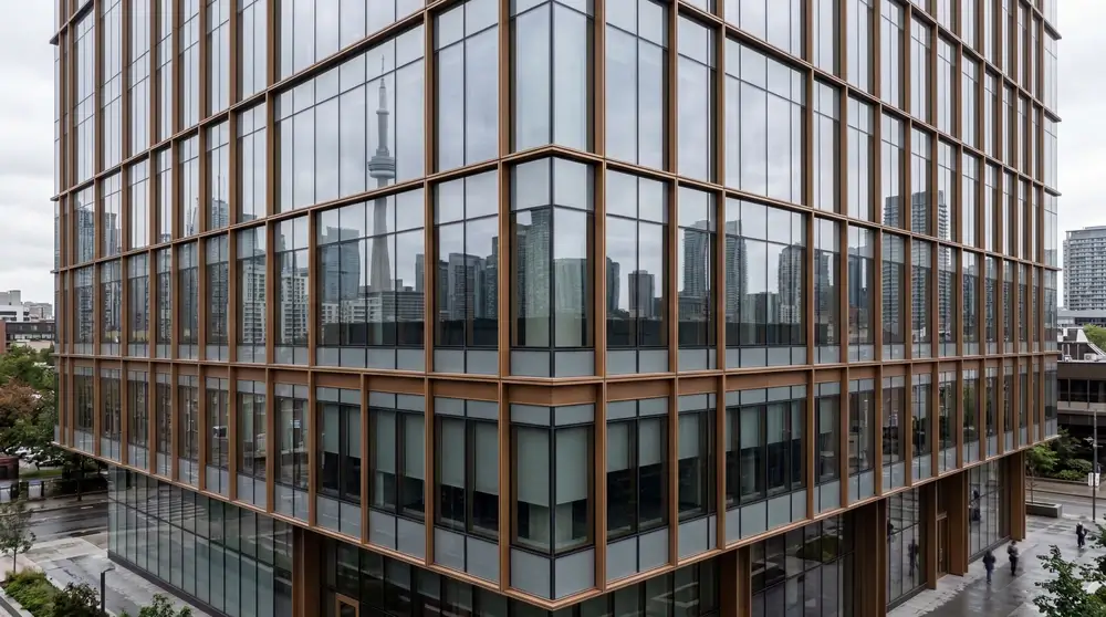 Commercial curtain wall glazing installation on high-rise building