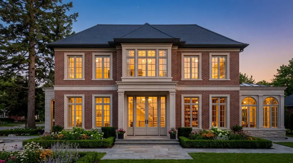 Residential glazing installation at twilight with warm interior lighting